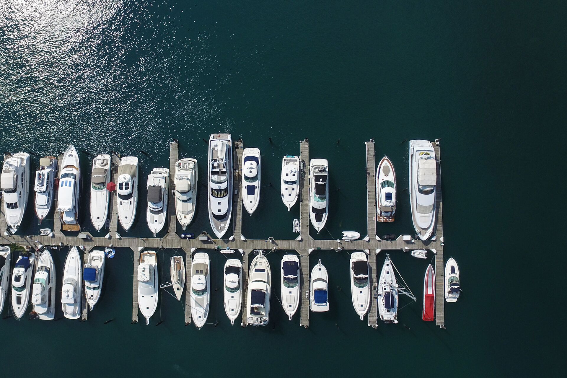 Aerial view of many boats at a dock, boat rental fleet concept. 