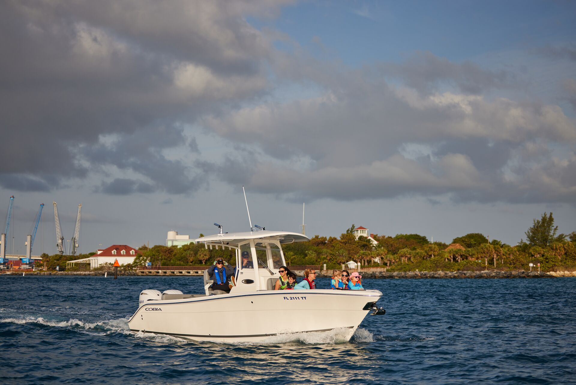 The starboard side of a boat on the water. 