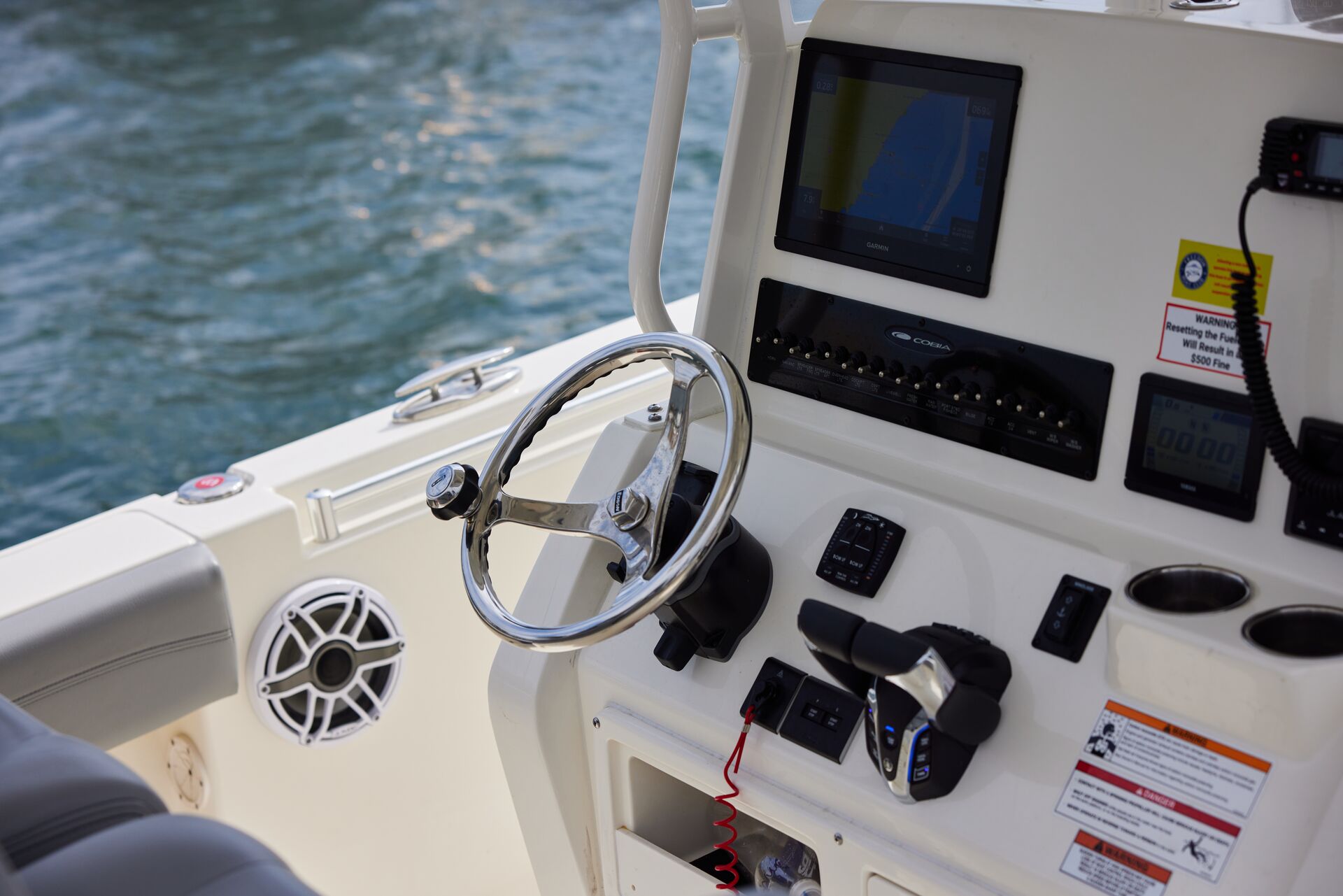 A photo of the helm of a boat.