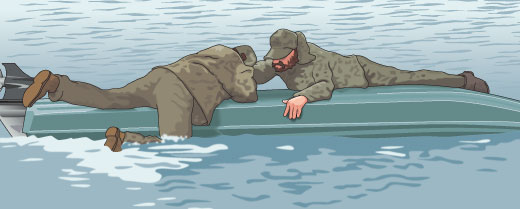 Illustration of two men on a capsized boat. 