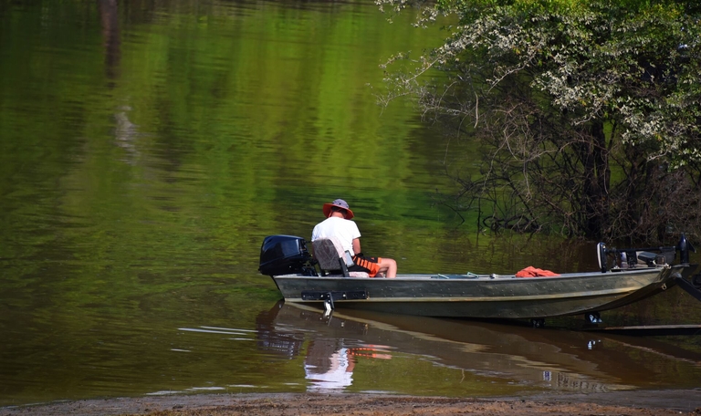 An angler in a flat bottom boat near shore. 